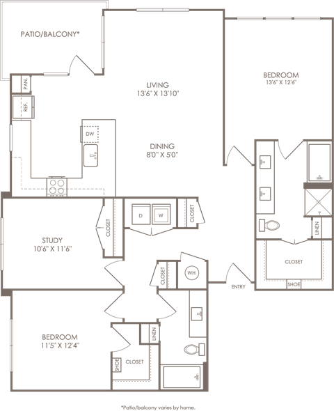 Floor plan for 2 beds, 2 baths, 1480 sqft